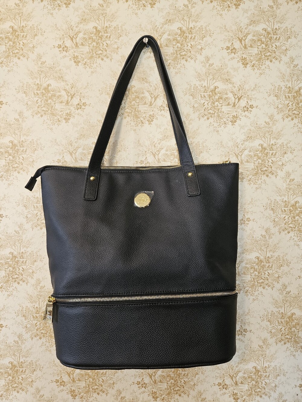 NWOT Joy Mangano Black Leather Double Decker Tote